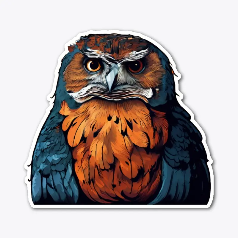 An owl with orange and blue 