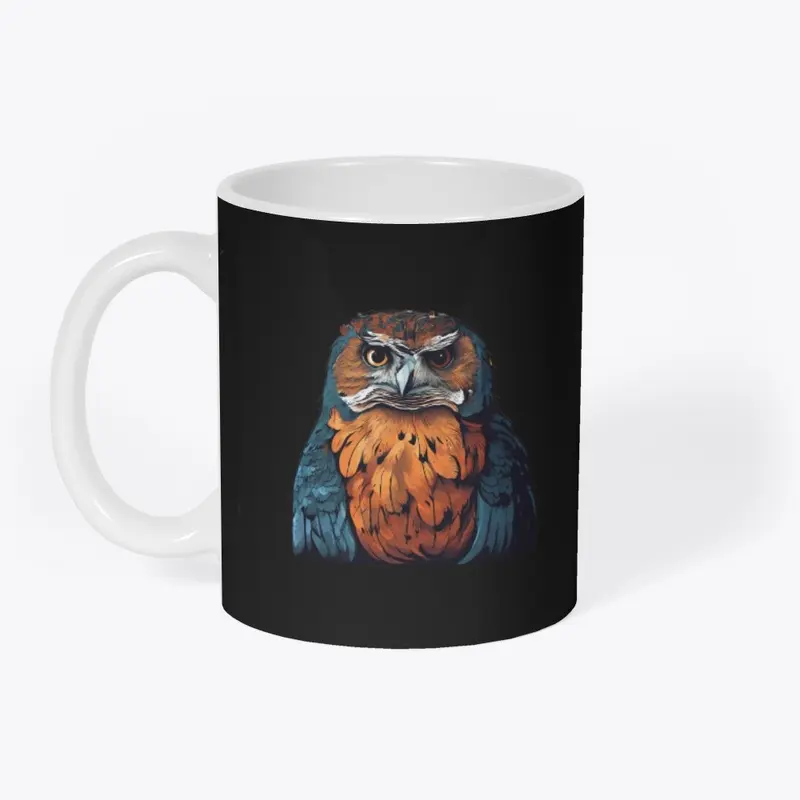 An owl with orange and blue 