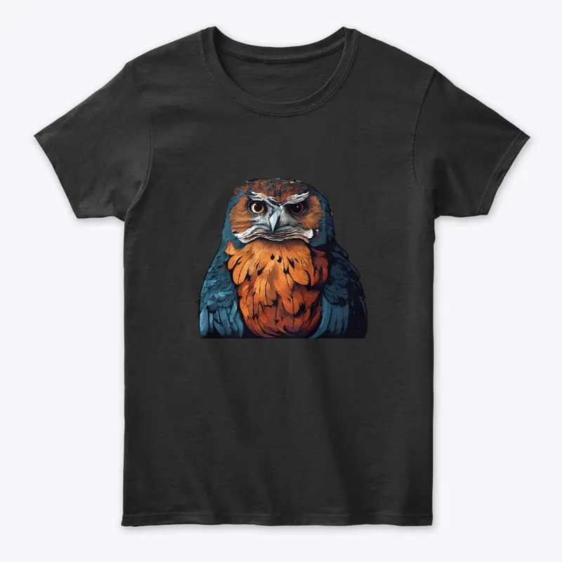 An owl with orange and blue 